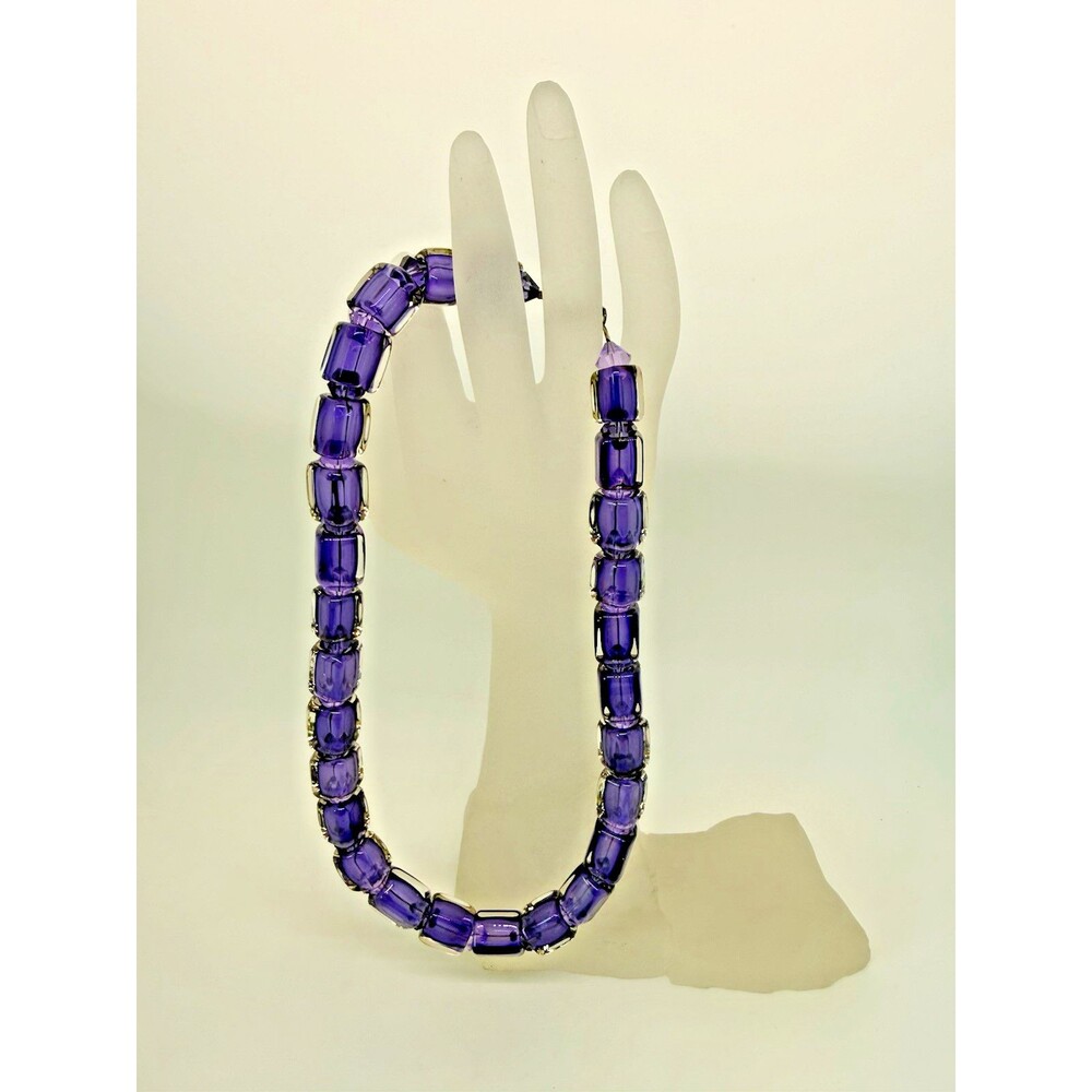 Vintage Purple Faceted Glass Bead Necklace Amethyst Look 925 Silver Clasp